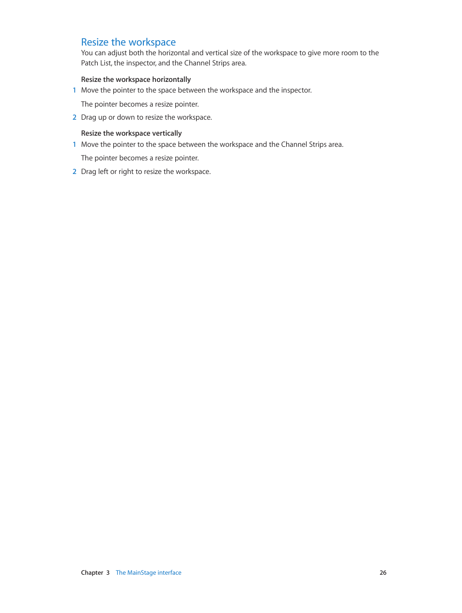 Resize the workspace, 26 resize the workspace | Apple MainStage 3 User Manual | Page 26 / 158