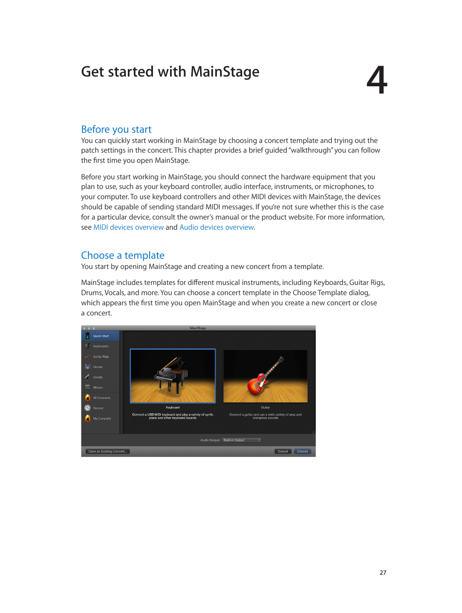 Chapter 4: get started with mainstage, Before you start, Choose a template | 27 before you start 27 choose a template, Get started with mainstage | Apple MainStage 3 User Manual | Page 27 / 158