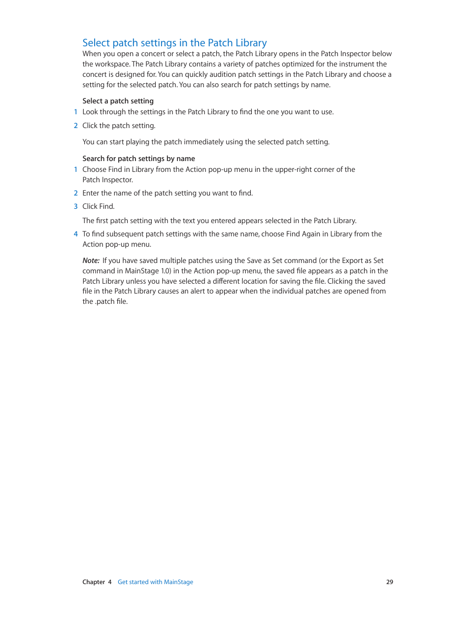 Select patch settings in the patch library, 29 select patch settings in the patch library | Apple MainStage 3 User Manual | Page 29 / 158