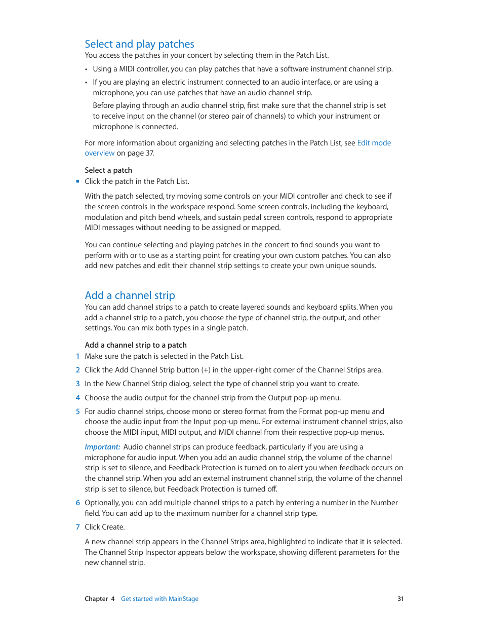 Select and play patches, Add a channel strip, 31 select and play patches 31 add a channel strip | Apple MainStage 3 User Manual | Page 31 / 158
