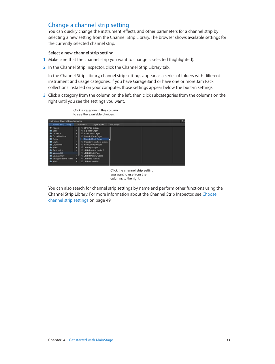Change a channel strip setting, 33 change a channel strip setting | Apple MainStage 3 User Manual | Page 33 / 158