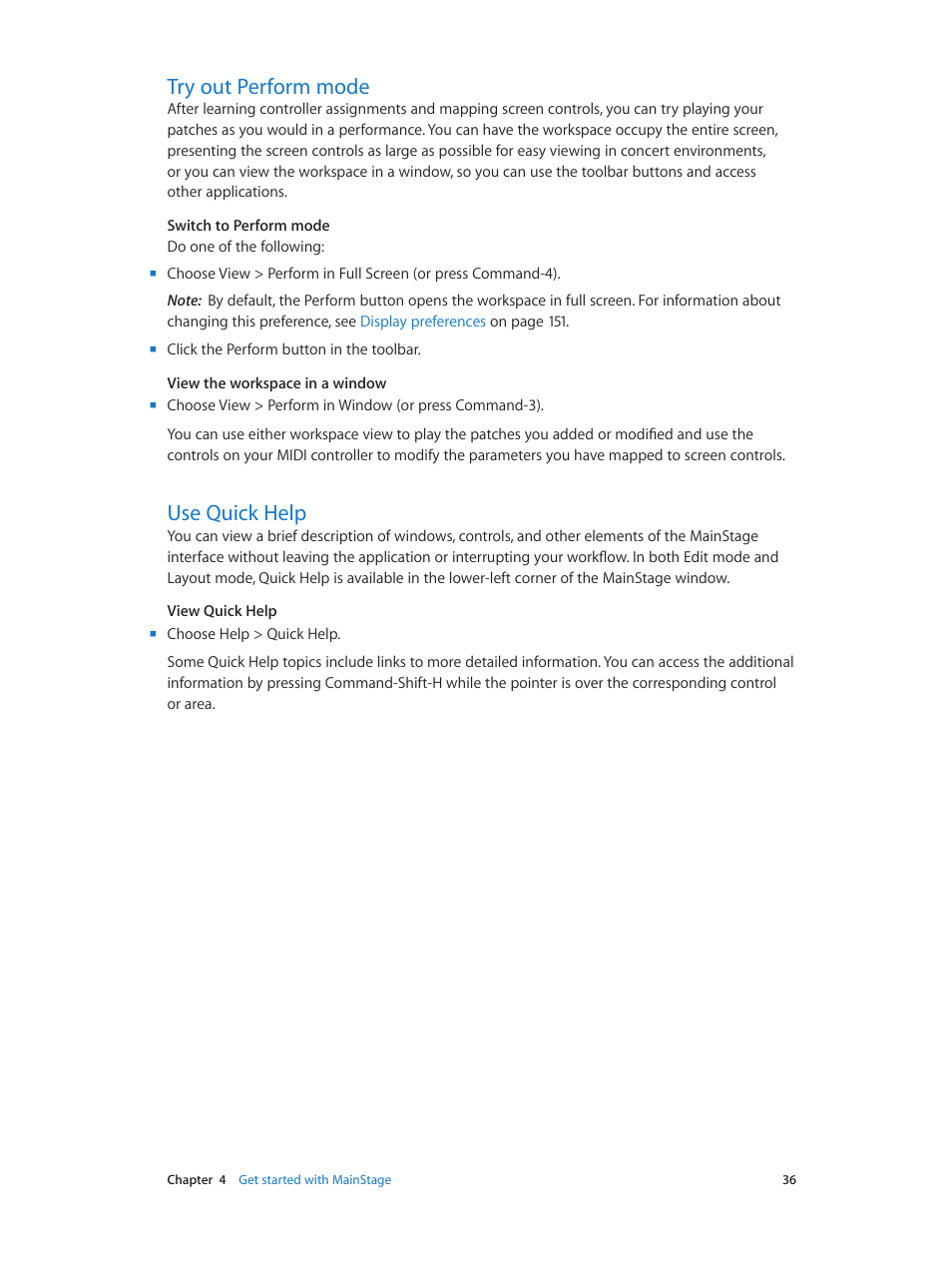 Try out perform mode, Use quick help, 36 try out perform mode 36 use quick help | Apple MainStage 3 User Manual | Page 36 / 158