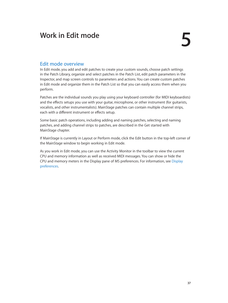 Chapter 5: work in edit mode, Edit mode overview, 37 edit mode overview | Edit mode, Overview, Work in edit mode | Apple MainStage 3 User Manual | Page 37 / 158