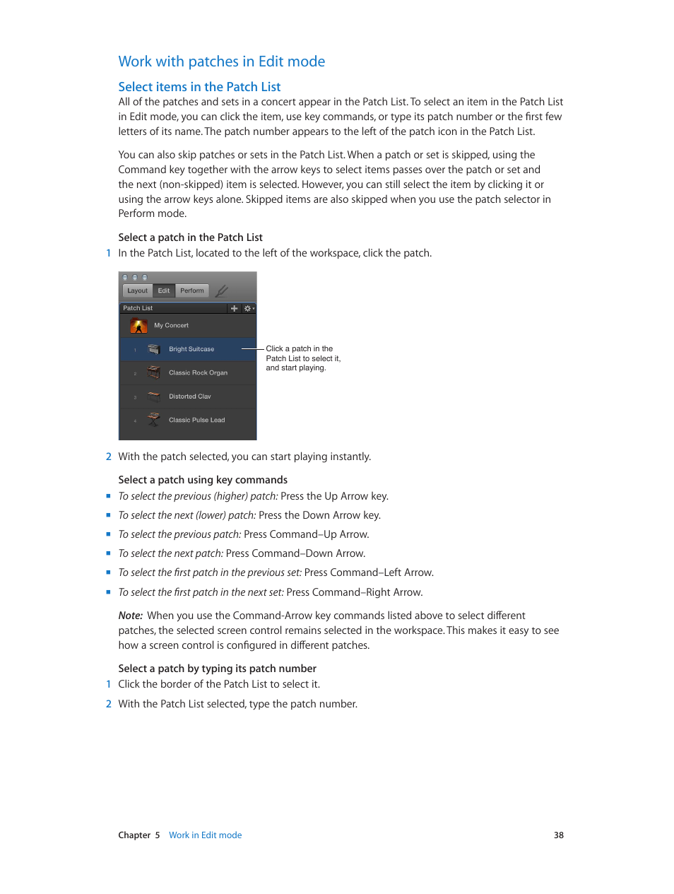 Work with patches in edit mode, Select items in the patch list, 38 work with patches in edit mode 38 | Apple MainStage 3 User Manual | Page 38 / 158