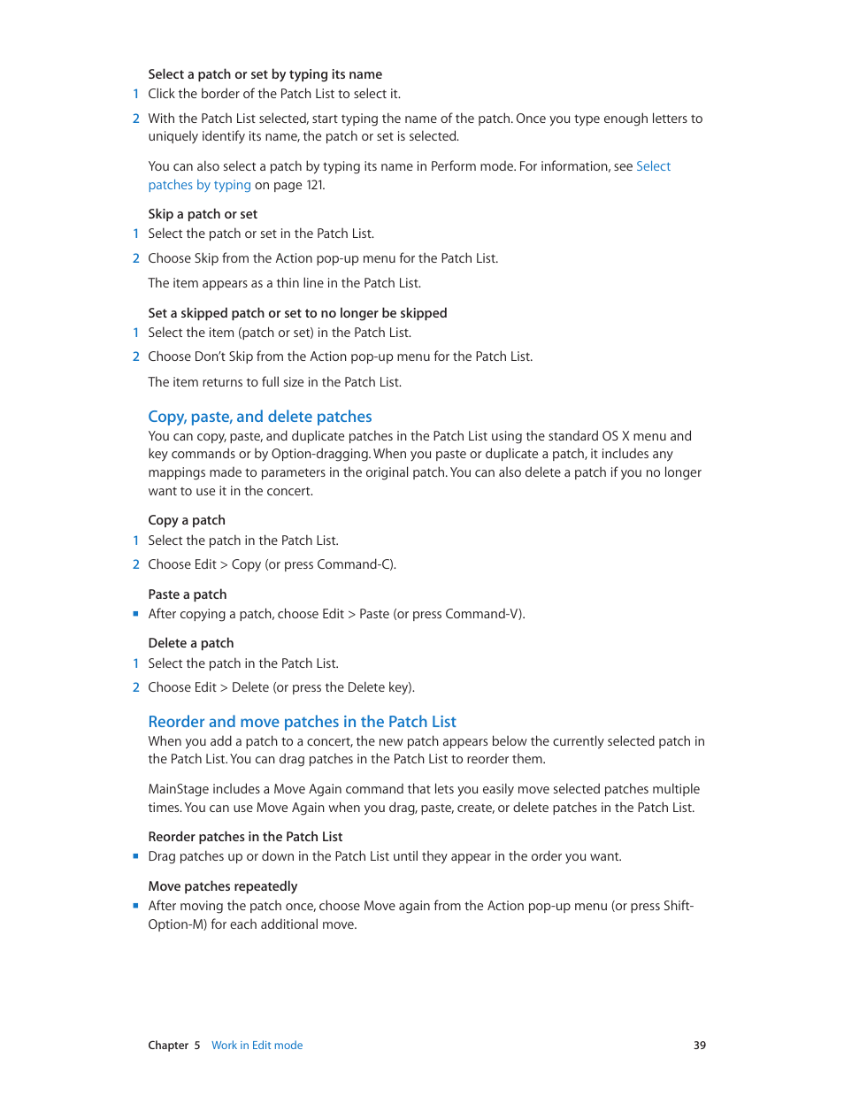 Copy, paste, and delete patches, Reorder and move patches in the patch list | Apple MainStage 3 User Manual | Page 39 / 158
