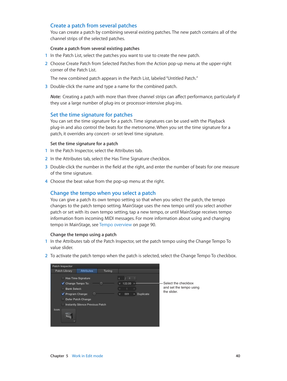Create a patch from several patches, Set the time signature for patches, Change the tempo when you select a patch | Apple MainStage 3 User Manual | Page 40 / 158