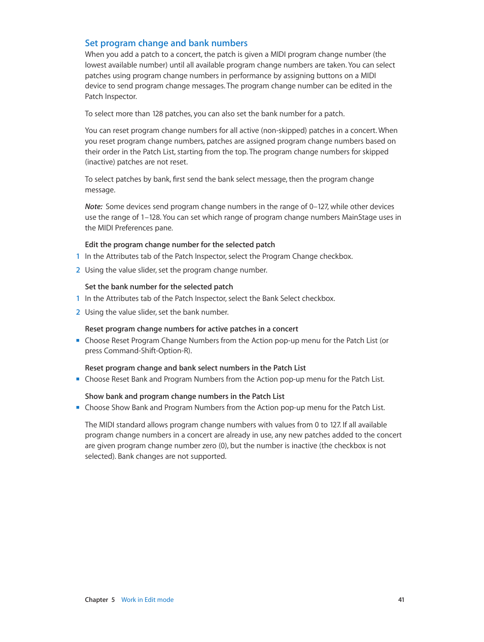 Set program change and bank numbers | Apple MainStage 3 User Manual | Page 41 / 158