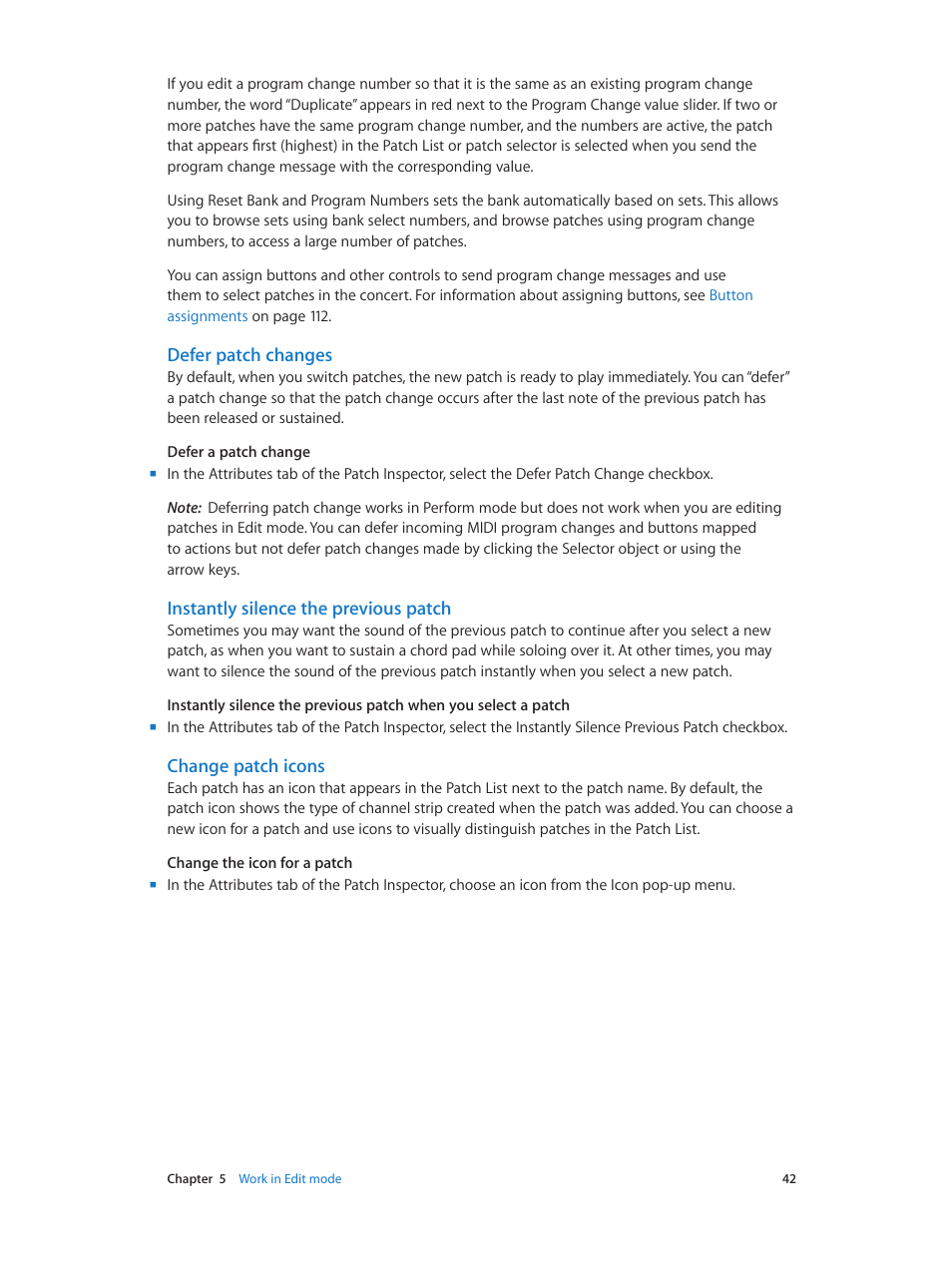 Defer patch changes, Instantly silence the previous patch, Change patch icons | Apple MainStage 3 User Manual | Page 42 / 158