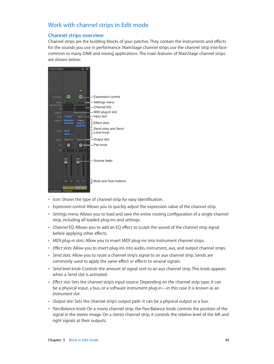Work with channel strips in edit mode, Channel strips overview, 45 work with channel strips in edit mode 45 | Apple MainStage 3 User Manual | Page 45 / 158