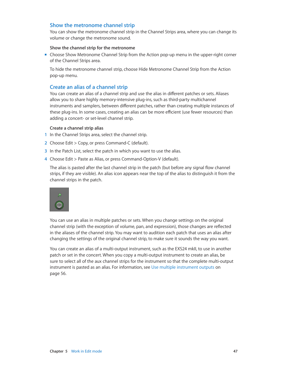 Show the metronome channel strip, Create an alias of a channel strip | Apple MainStage 3 User Manual | Page 47 / 158