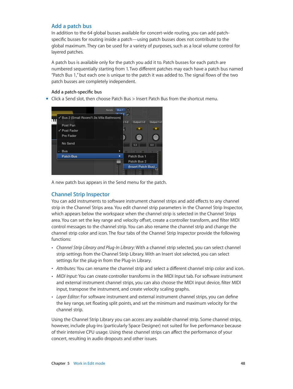 Add a patch bus, Channel strip inspector | Apple MainStage 3 User Manual | Page 48 / 158