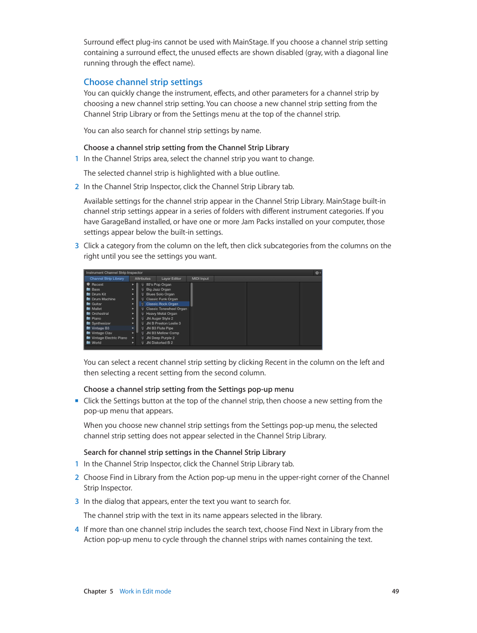 Choose channel strip settings, Choose, Channel strip settings | Apple MainStage 3 User Manual | Page 49 / 158