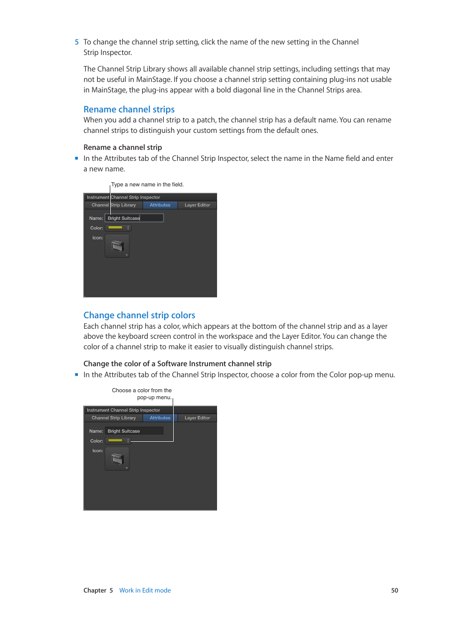 Rename channel strips, Change channel strip colors | Apple MainStage 3 User Manual | Page 50 / 158