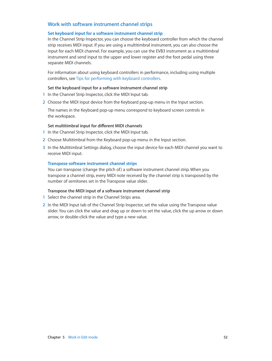 Work with software instrument channel strips | Apple MainStage 3 User Manual | Page 52 / 158