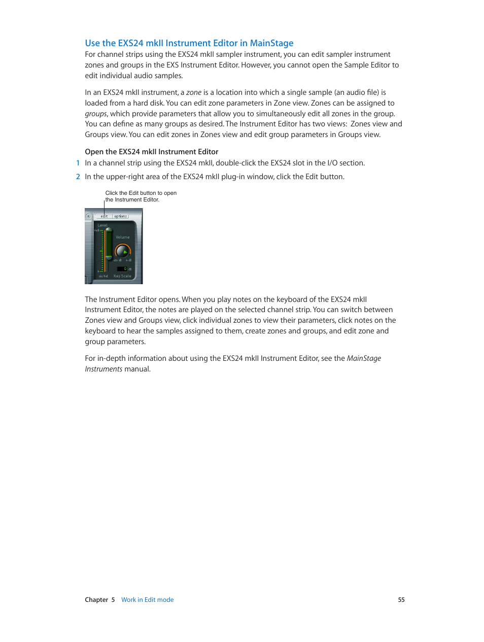 Use the exs24 mkii instrument editor in mainstage | Apple MainStage 3 User Manual | Page 55 / 158