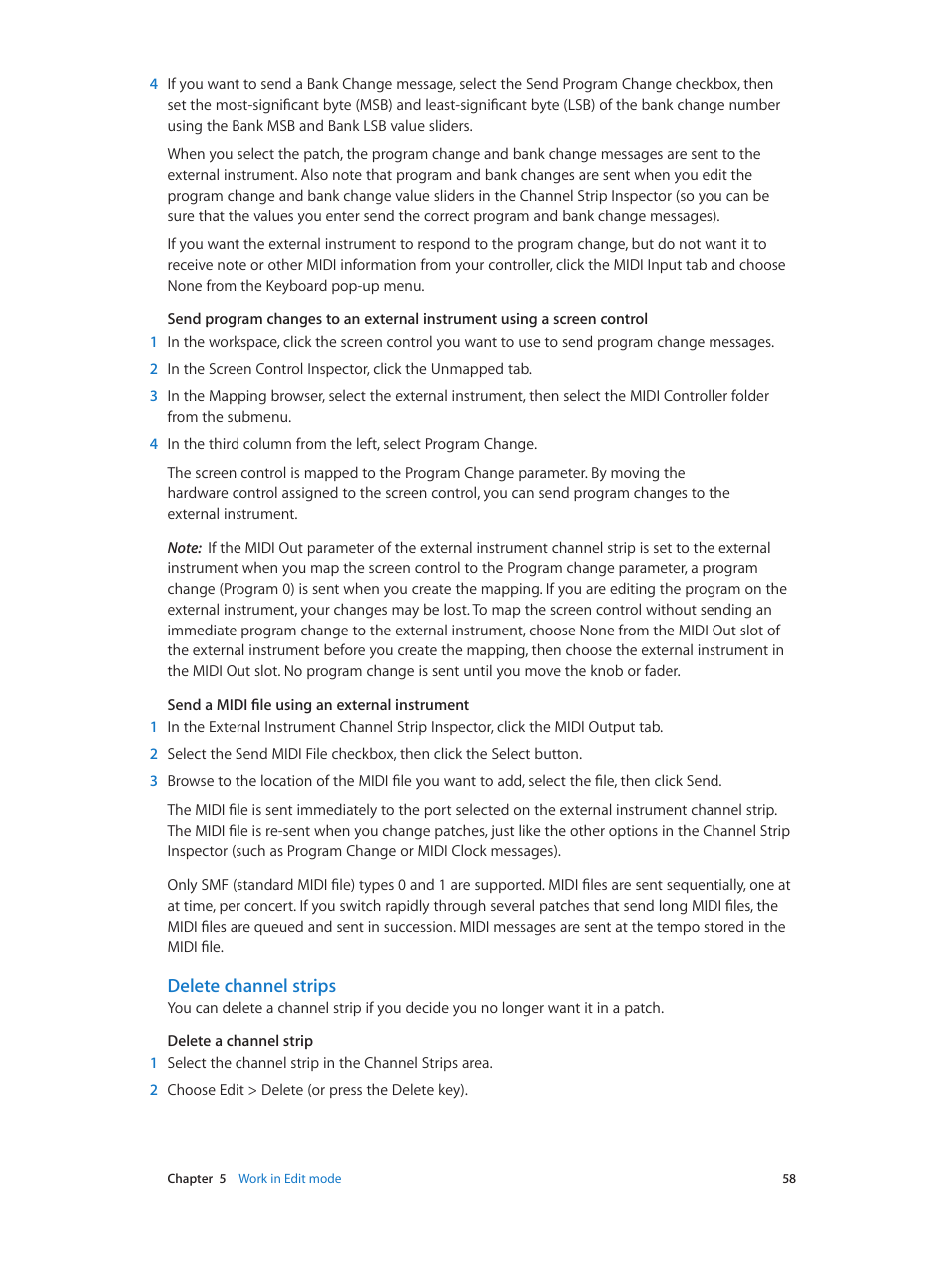 Delete channel strips | Apple MainStage 3 User Manual | Page 58 / 158