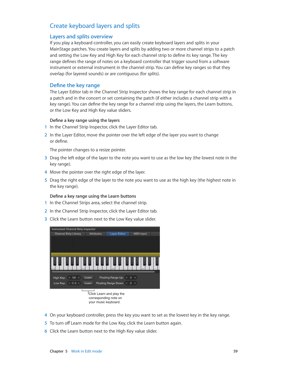 Create keyboard layers and splits, Layers and splits overview, Define the key range | 59 create keyboard layers and splits 59 | Apple MainStage 3 User Manual | Page 59 / 158