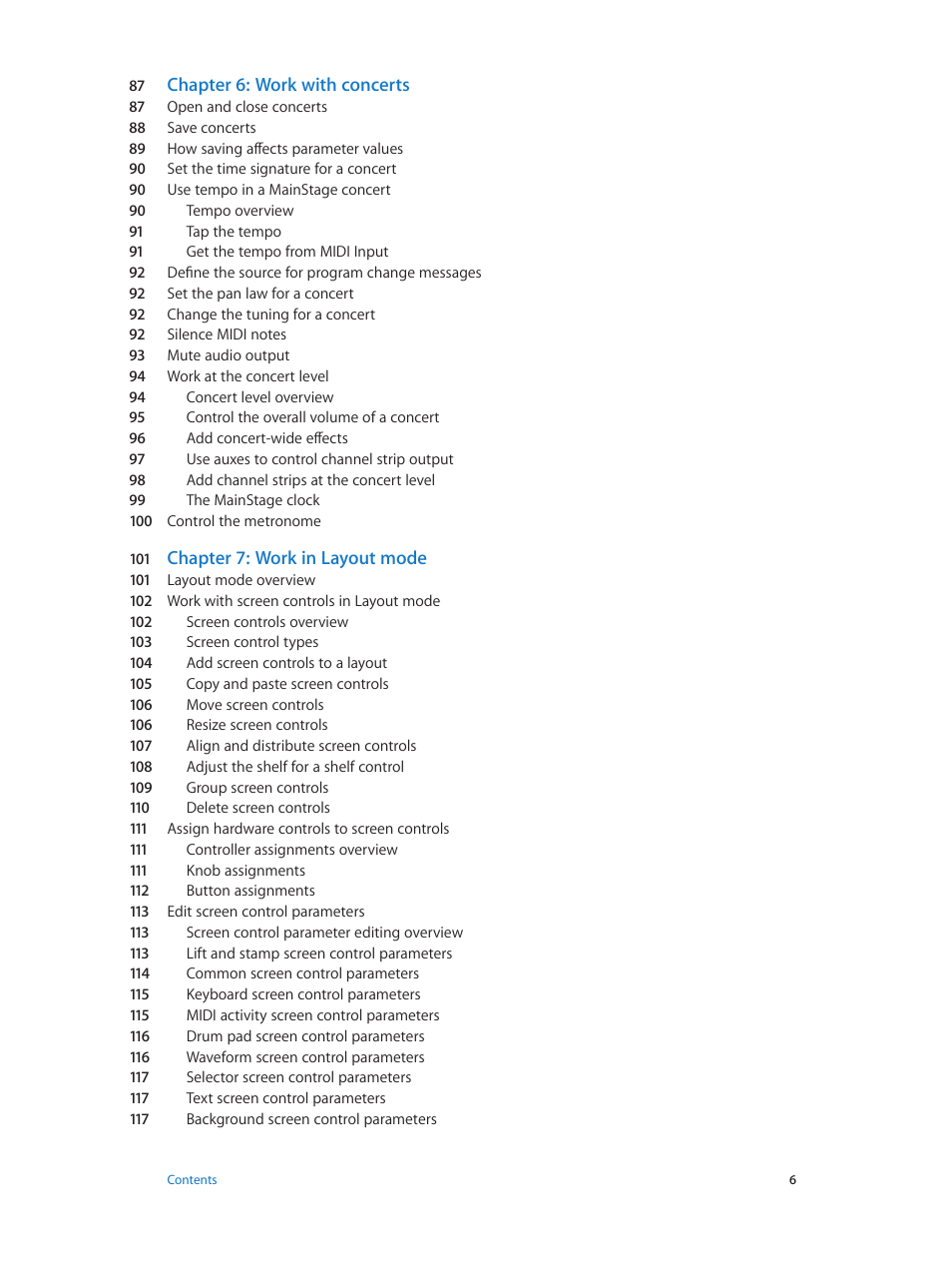 Chapter 6: work with concerts, Chapter 7: work in layout mode | Apple MainStage 3 User Manual | Page 6 / 158