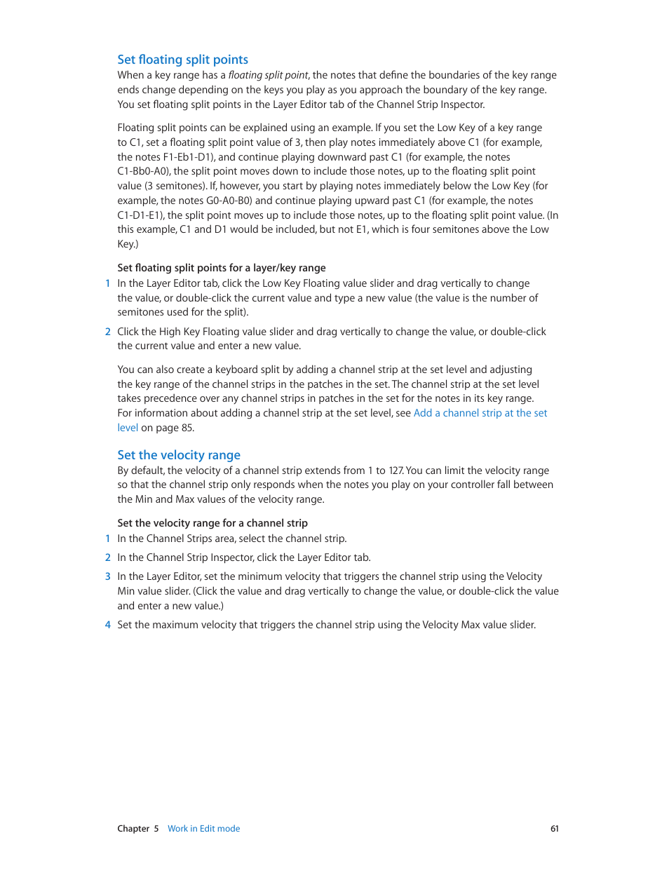 Set floating split points, Set the velocity range | Apple MainStage 3 User Manual | Page 61 / 158