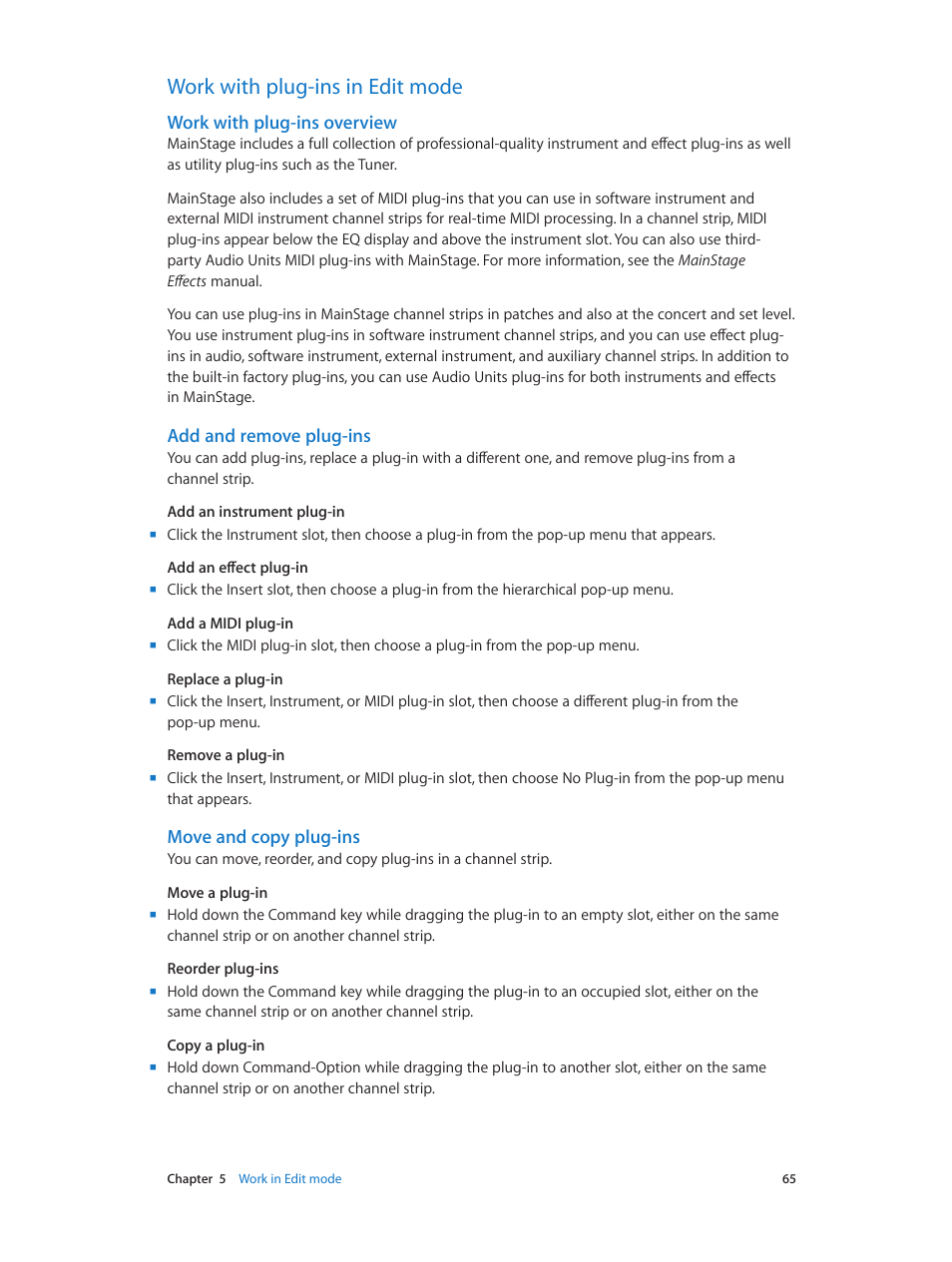 Work with plug-ins in edit mode, Work with plug-ins overview, Add and remove plug-ins | Move and copy plug-ins, 65 work with plug-ins in edit mode 65, Work with plug-ins, Overview | Apple MainStage 3 User Manual | Page 65 / 158