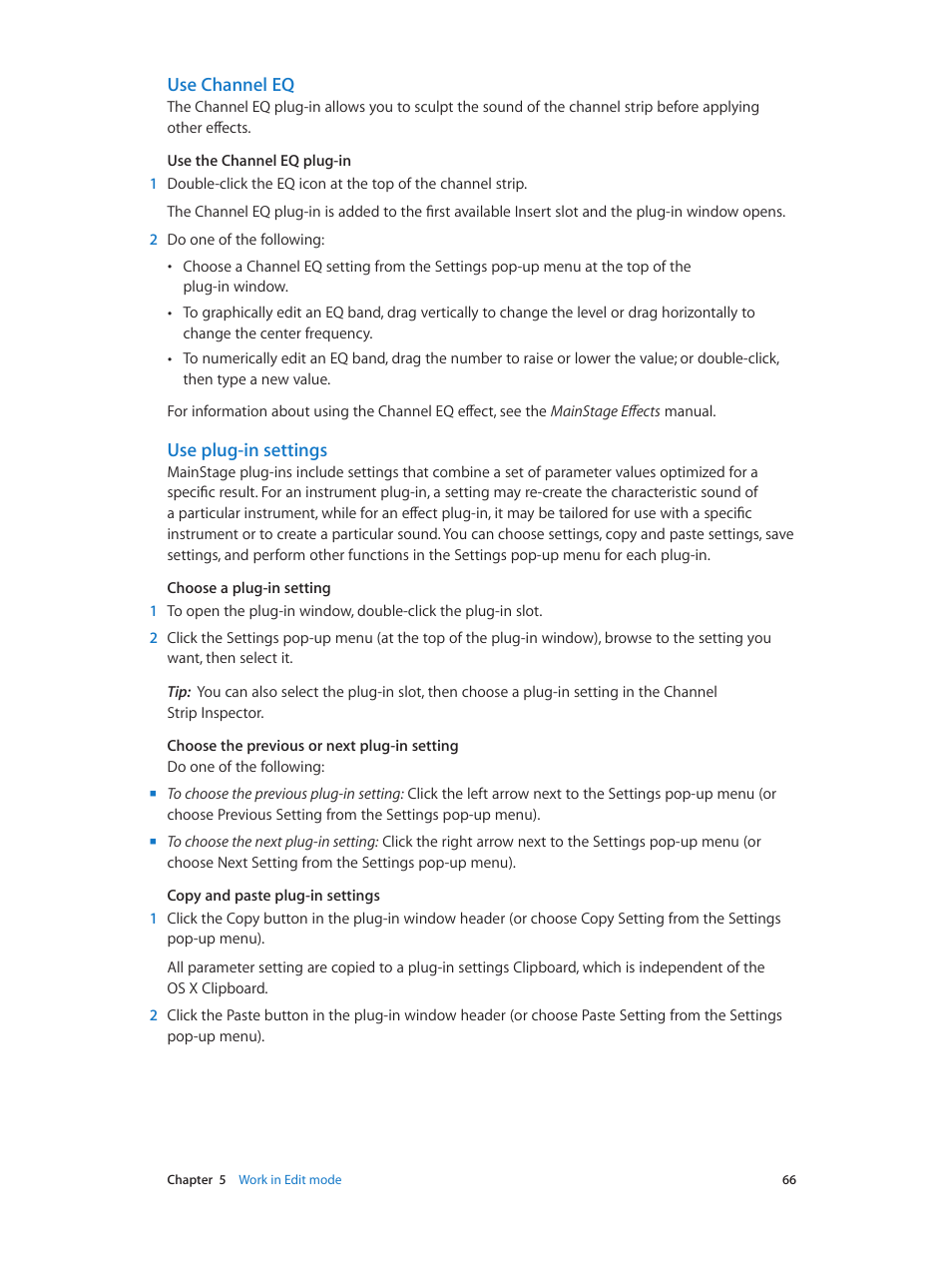 Use channel eq, Use plug-in settings | Apple MainStage 3 User Manual | Page 66 / 158