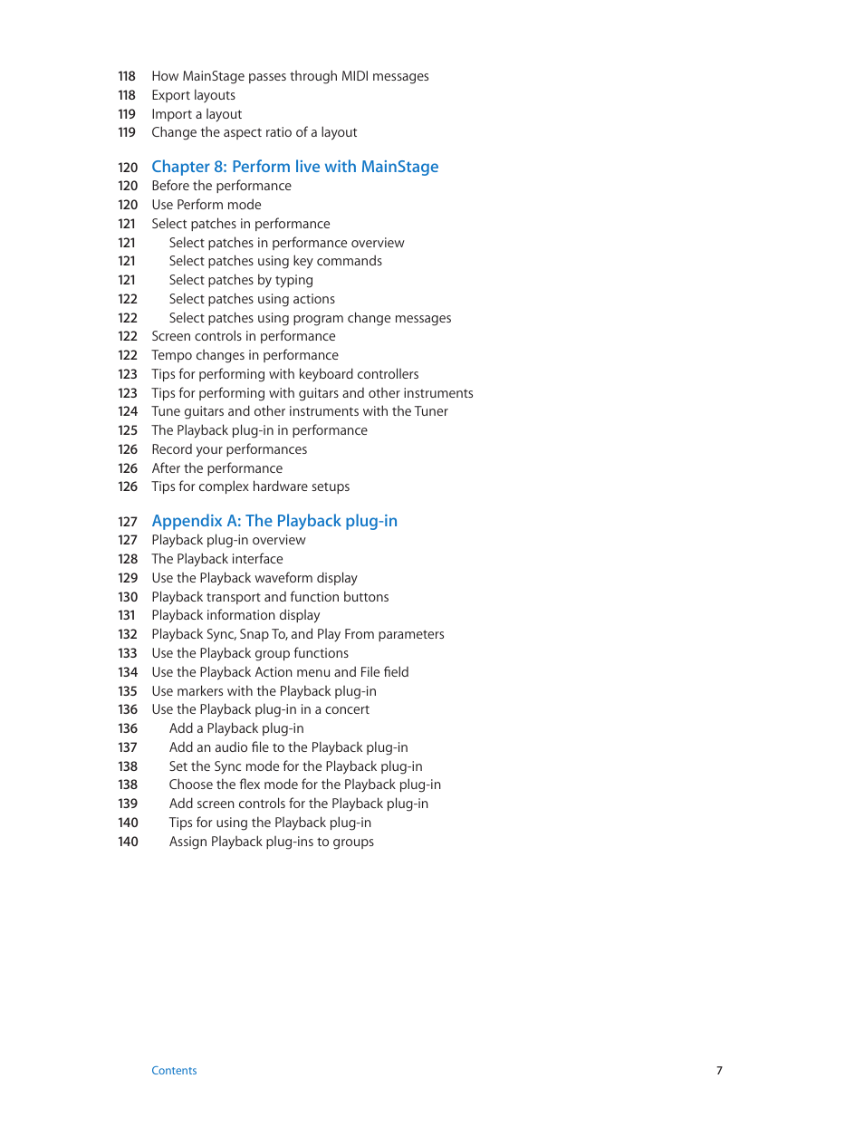 Chapter 8: perform live with mainstage, Appendix a: the playback plug-in | Apple MainStage 3 User Manual | Page 7 / 158