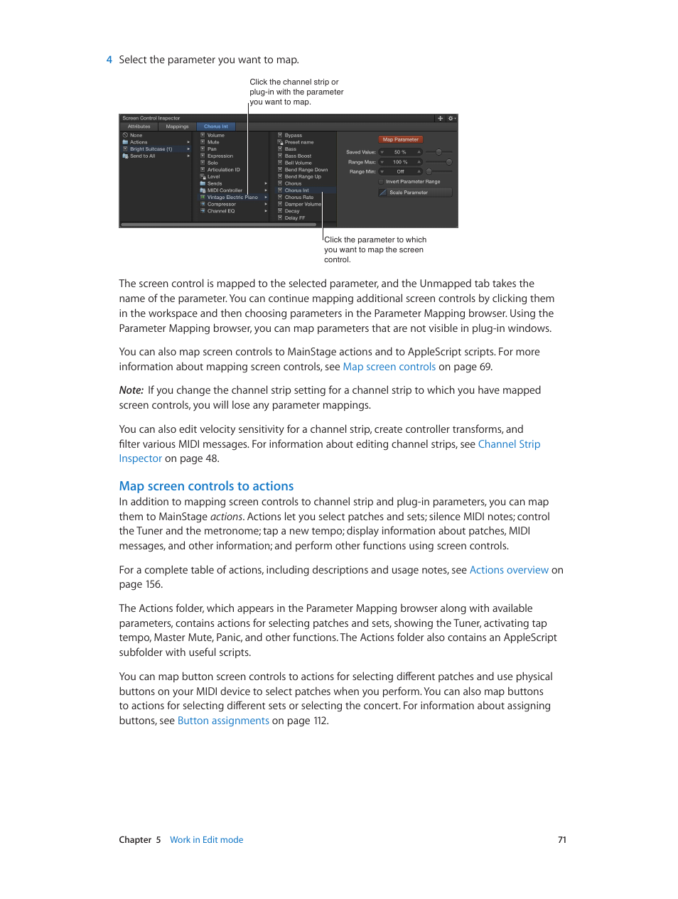 Map screen controls to actions | Apple MainStage 3 User Manual | Page 71 / 158