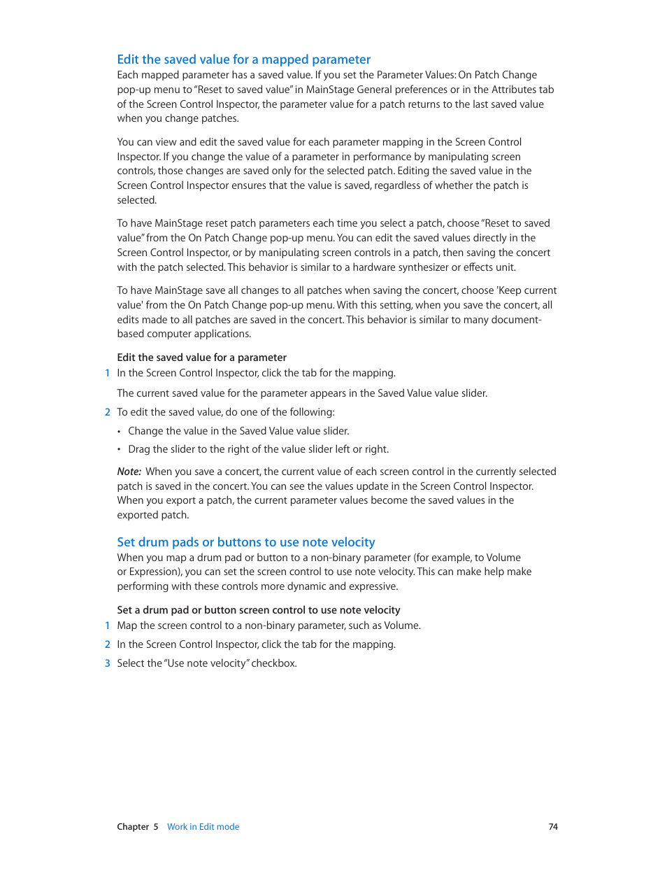 Edit the saved value for a mapped parameter, Set drum pads or buttons to use note velocity | Apple MainStage 3 User Manual | Page 74 / 158