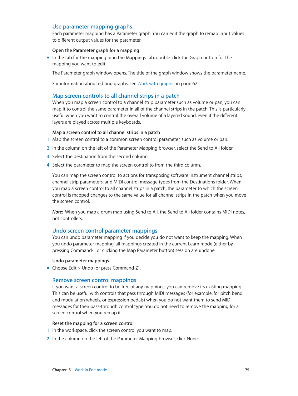 Use parameter mapping graphs, Undo screen control parameter mappings, Remove screen control mappings | Apple MainStage 3 User Manual | Page 75 / 158