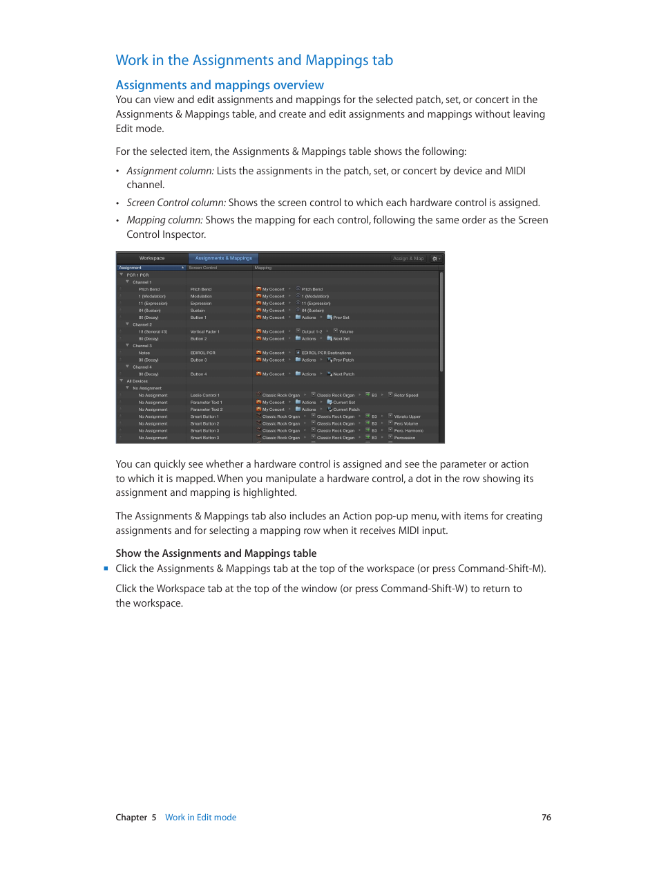 Work in the assignments and mappings tab, Assignments and mappings overview, 76 work in the assignments and mappings tab 76 | Assignments and, Mappings overview | Apple MainStage 3 User Manual | Page 76 / 158