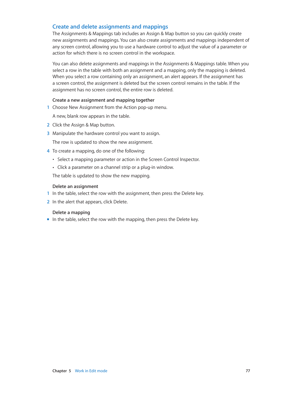 Create and delete assignments and mappings | Apple MainStage 3 User Manual | Page 77 / 158