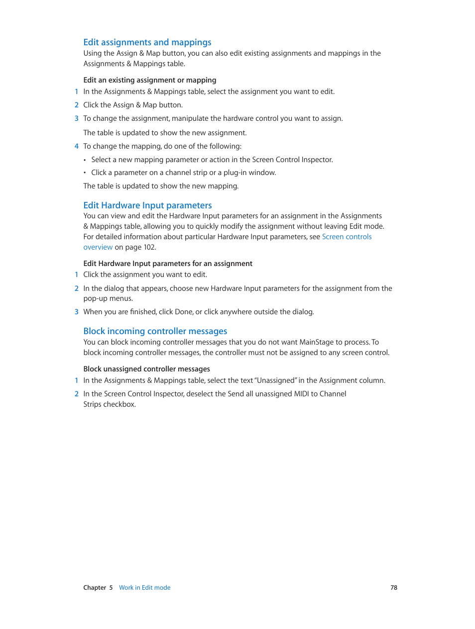 Edit assignments and mappings, Edit hardware input parameters, Block incoming controller messages | Apple MainStage 3 User Manual | Page 78 / 158