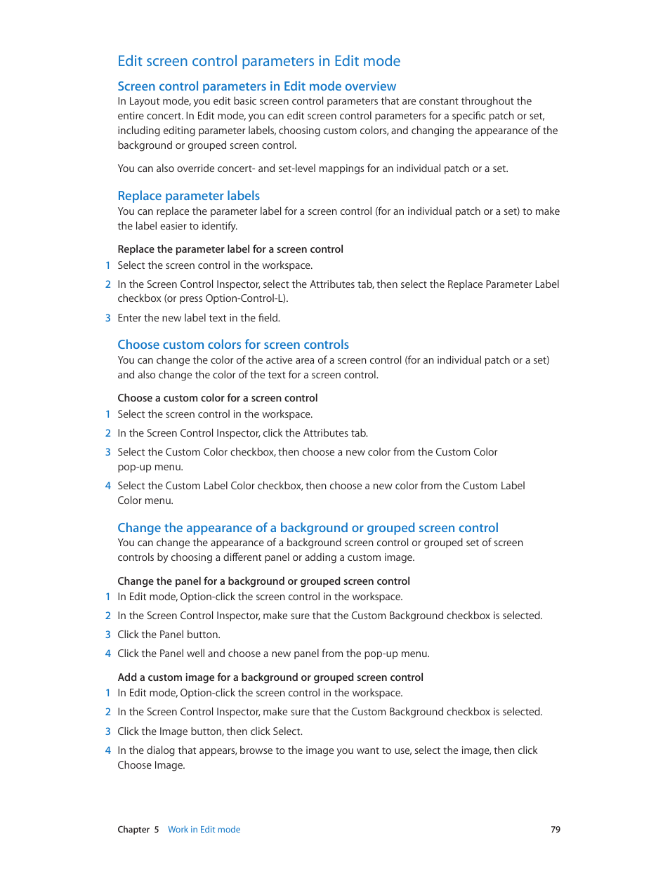 Edit screen control parameters in edit mode, Screen control parameters in edit mode overview, Replace parameter labels | Choose custom colors for screen controls, 79 edit screen control parameters in edit mode 79 | Apple MainStage 3 User Manual | Page 79 / 158