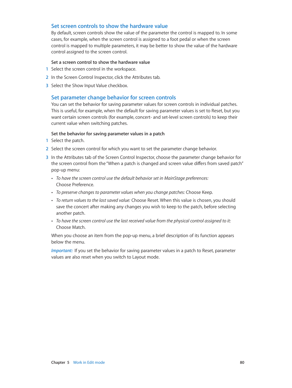 Set screen controls to show the hardware value, Set parameter change behavior for screen controls | Apple MainStage 3 User Manual | Page 80 / 158