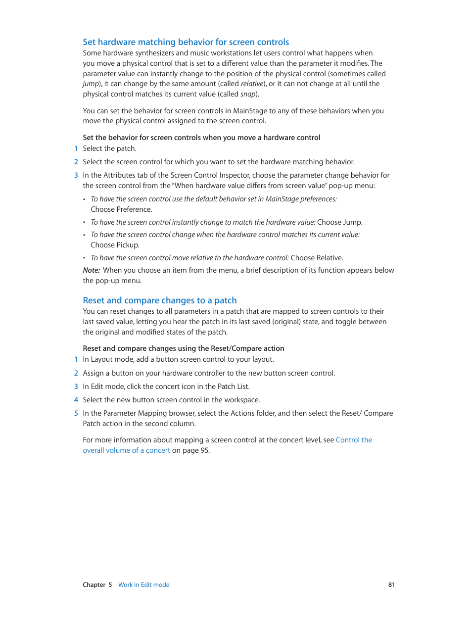 Set hardware matching behavior for screen controls, Reset and compare changes to a patch | Apple MainStage 3 User Manual | Page 81 / 158