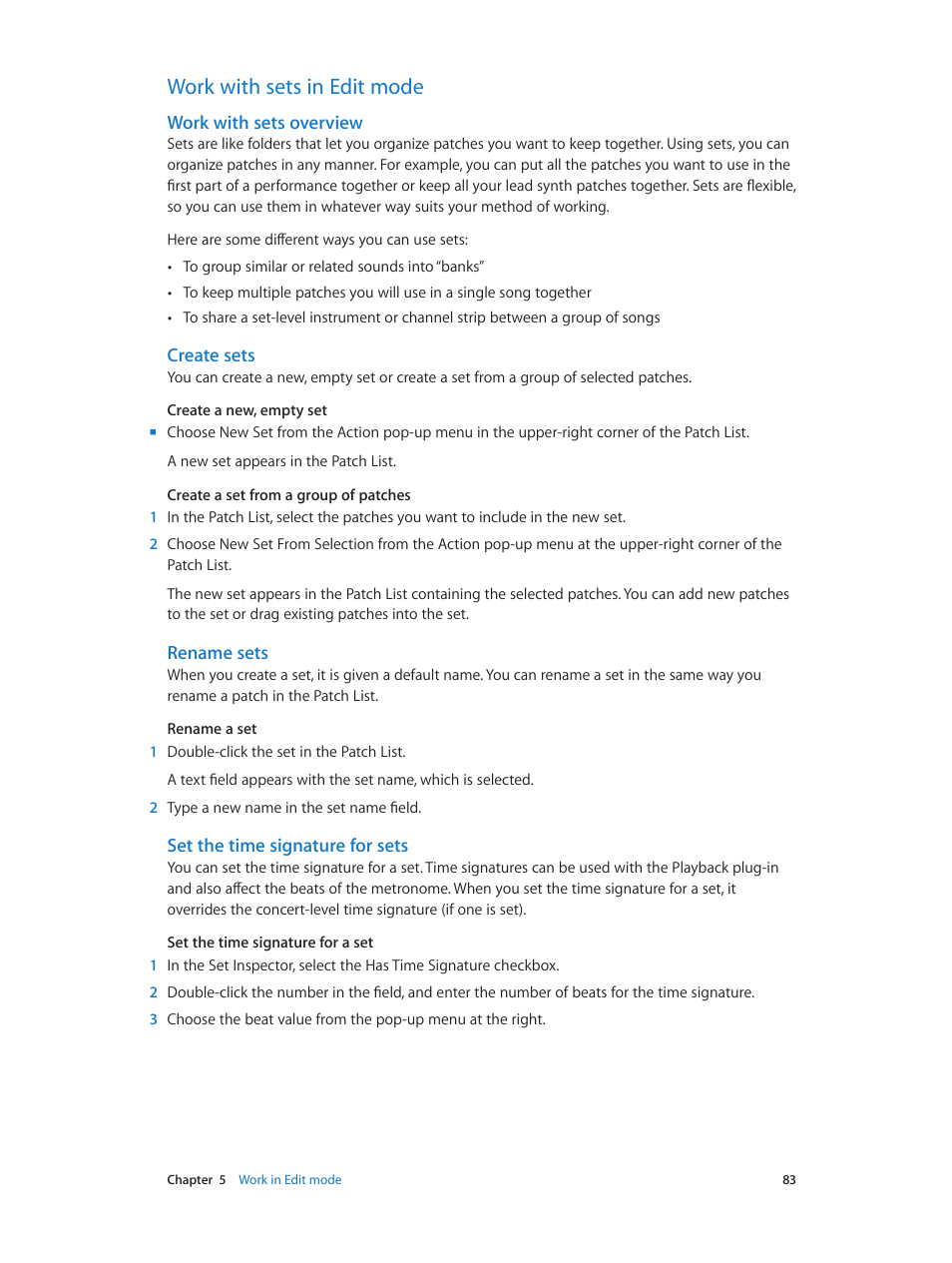 Work with sets in edit mode, Work with sets overview, Create sets | Rename sets, Set the time signature for sets, 83 work with sets in edit mode 83 | Apple MainStage 3 User Manual | Page 83 / 158