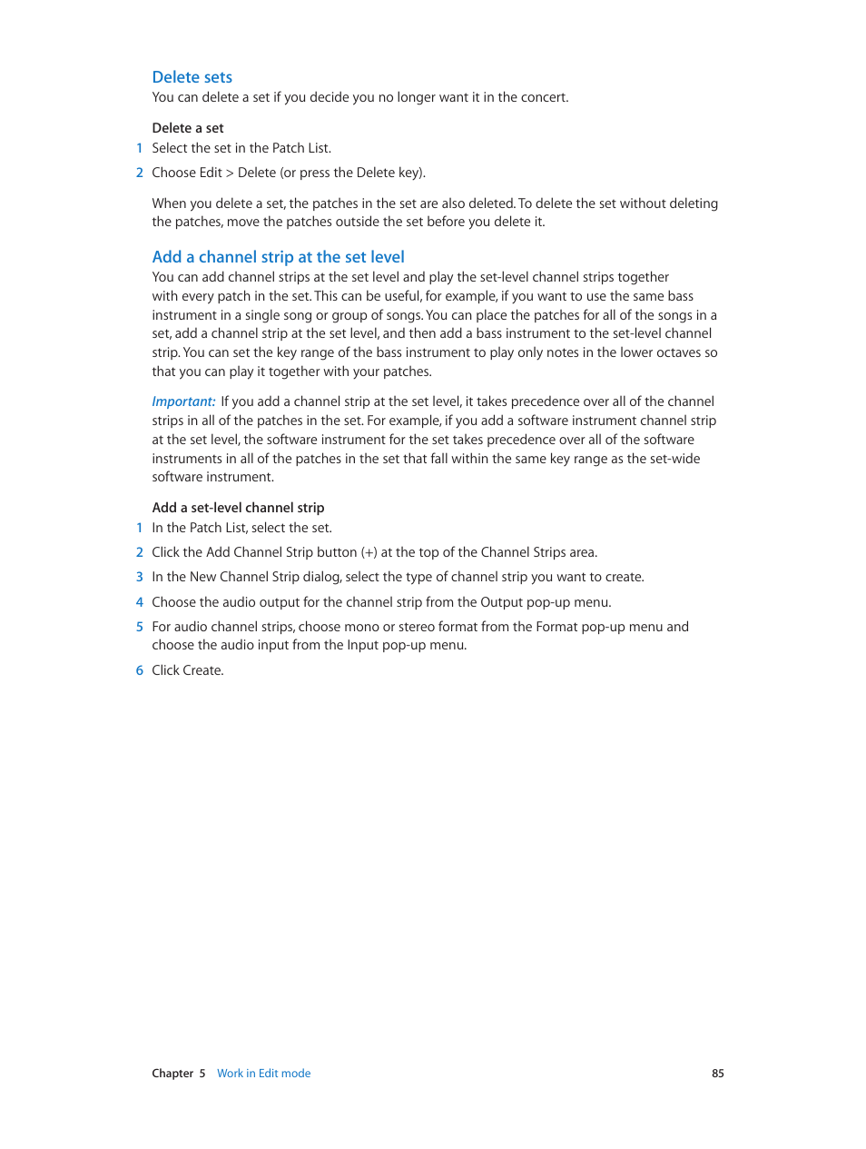 Delete sets, Add a channel strip at the set level | Apple MainStage 3 User Manual | Page 85 / 158