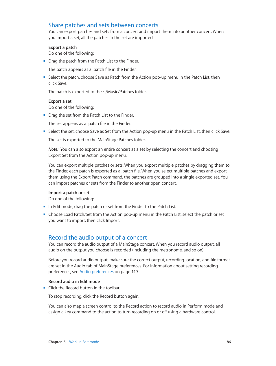 Share patches and sets between concerts, Record the audio output of a concert | Apple MainStage 3 User Manual | Page 86 / 158