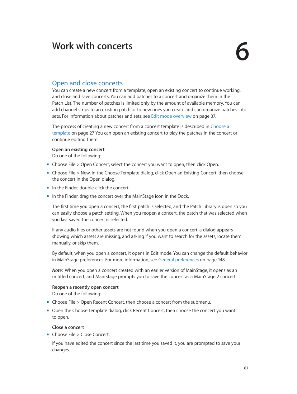 Chapter 6: work with concerts, Open and close concerts, 87 open and close concerts | Work with concerts | Apple MainStage 3 User Manual | Page 87 / 158
