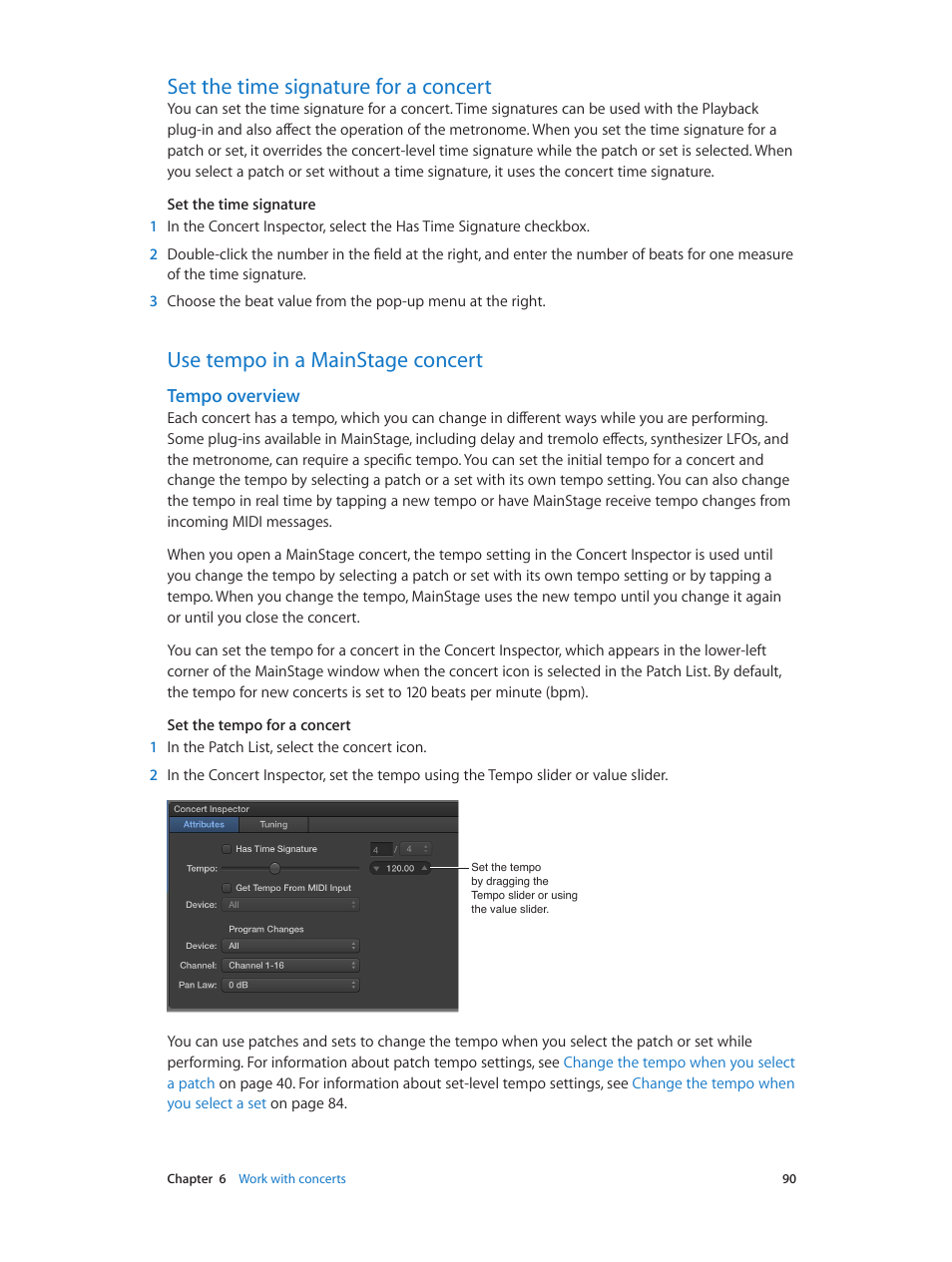 Set the time signature for a concert, Use tempo in a mainstage concert, Tempo overview | Apple MainStage 3 User Manual | Page 90 / 158
