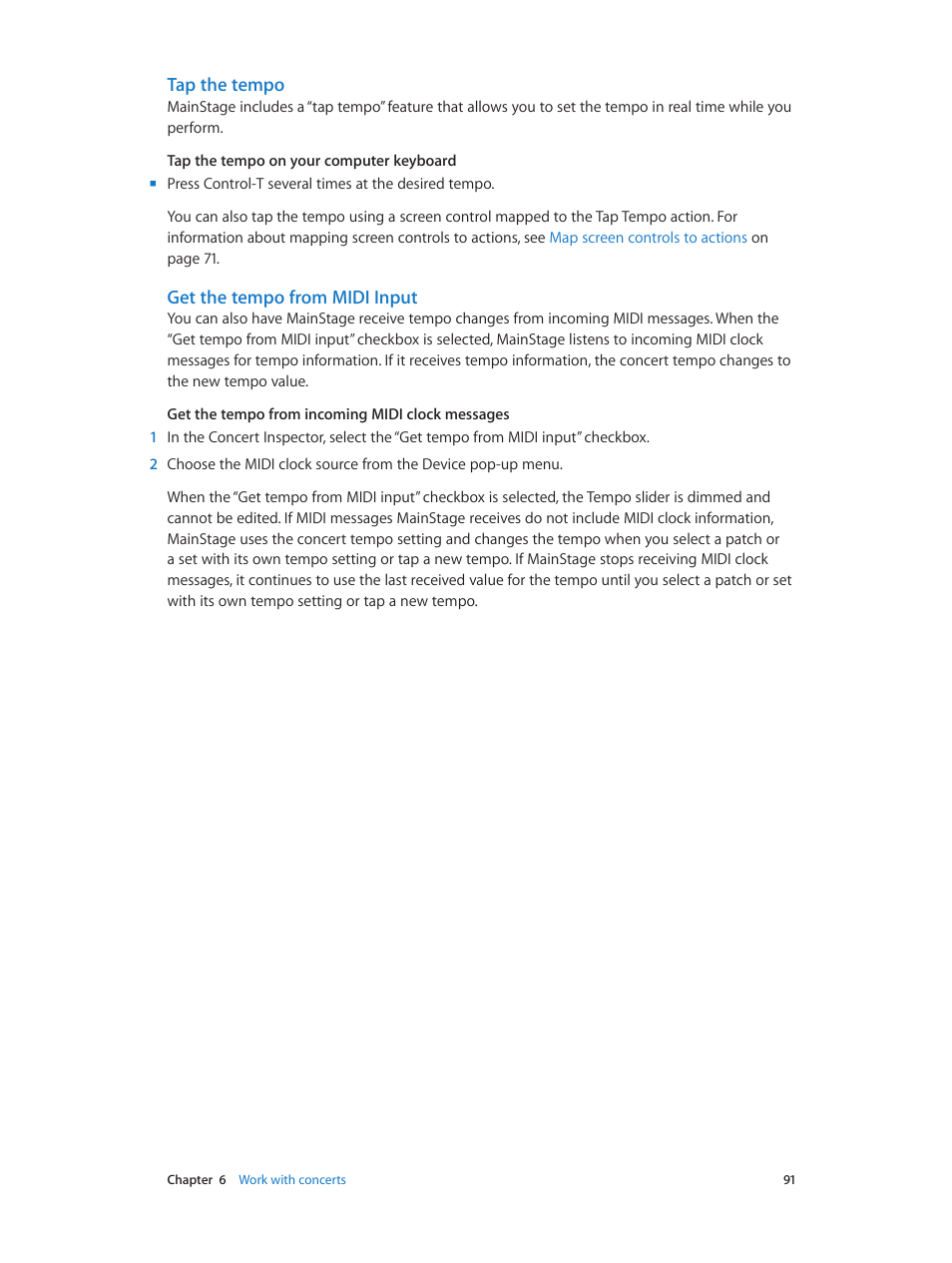 Tap the tempo, Get the tempo from midi input | Apple MainStage 3 User Manual | Page 91 / 158