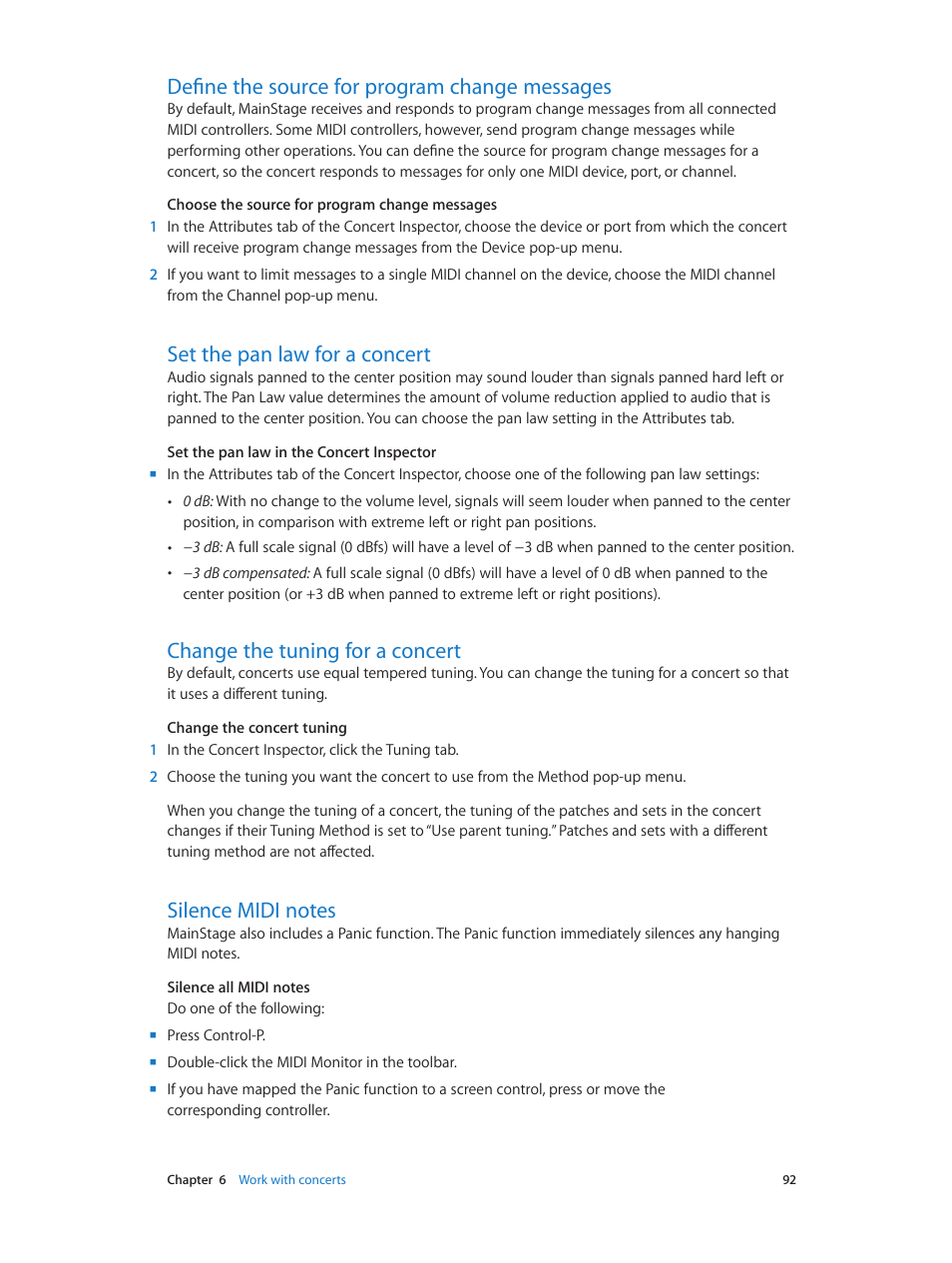 Define the source for program change messages, Set the pan law for a concert, Change the tuning for a concert | Silence midi notes | Apple MainStage 3 User Manual | Page 92 / 158