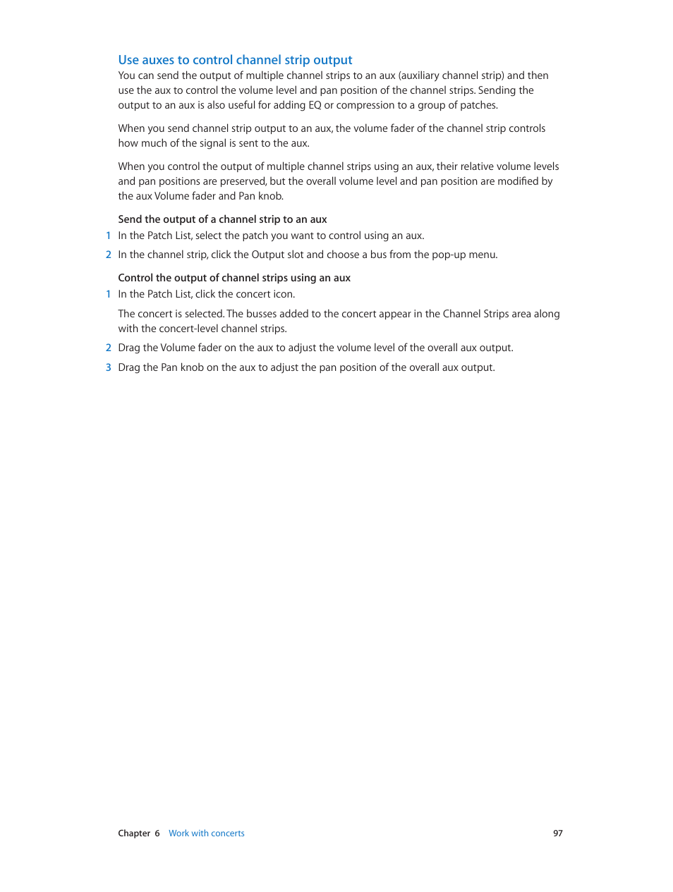 Use auxes to control channel strip output | Apple MainStage 3 User Manual | Page 97 / 158