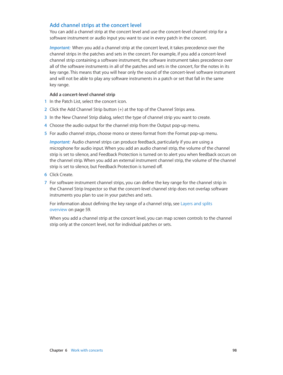 Add channel strips at the concert level | Apple MainStage 3 User Manual | Page 98 / 158