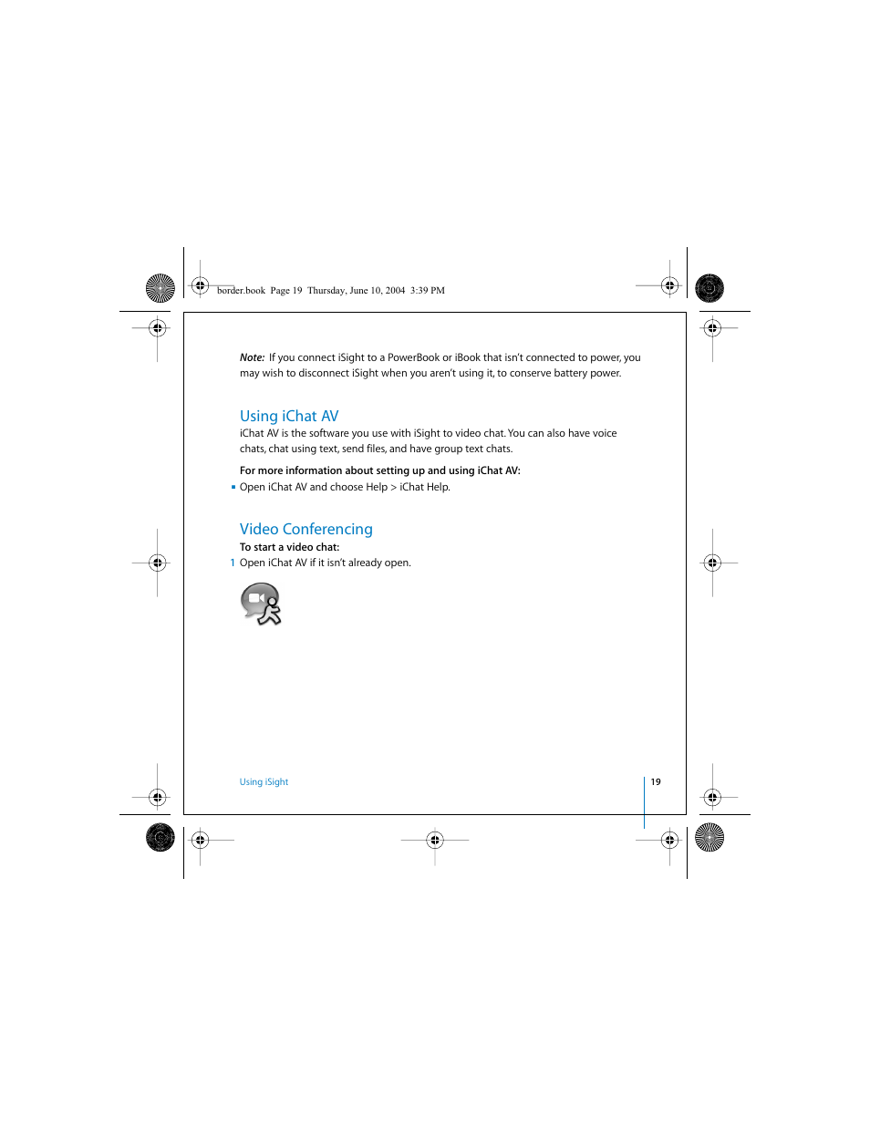 Using ichat av, Video conferencing | Apple iSight User Manual | Page 19 / 32