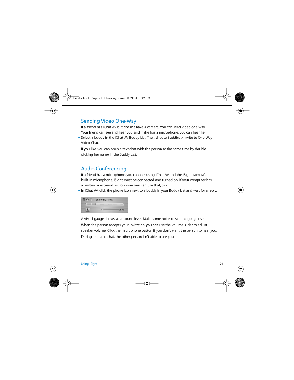 Sending video one-way, Audio conferencing | Apple iSight User Manual | Page 21 / 32