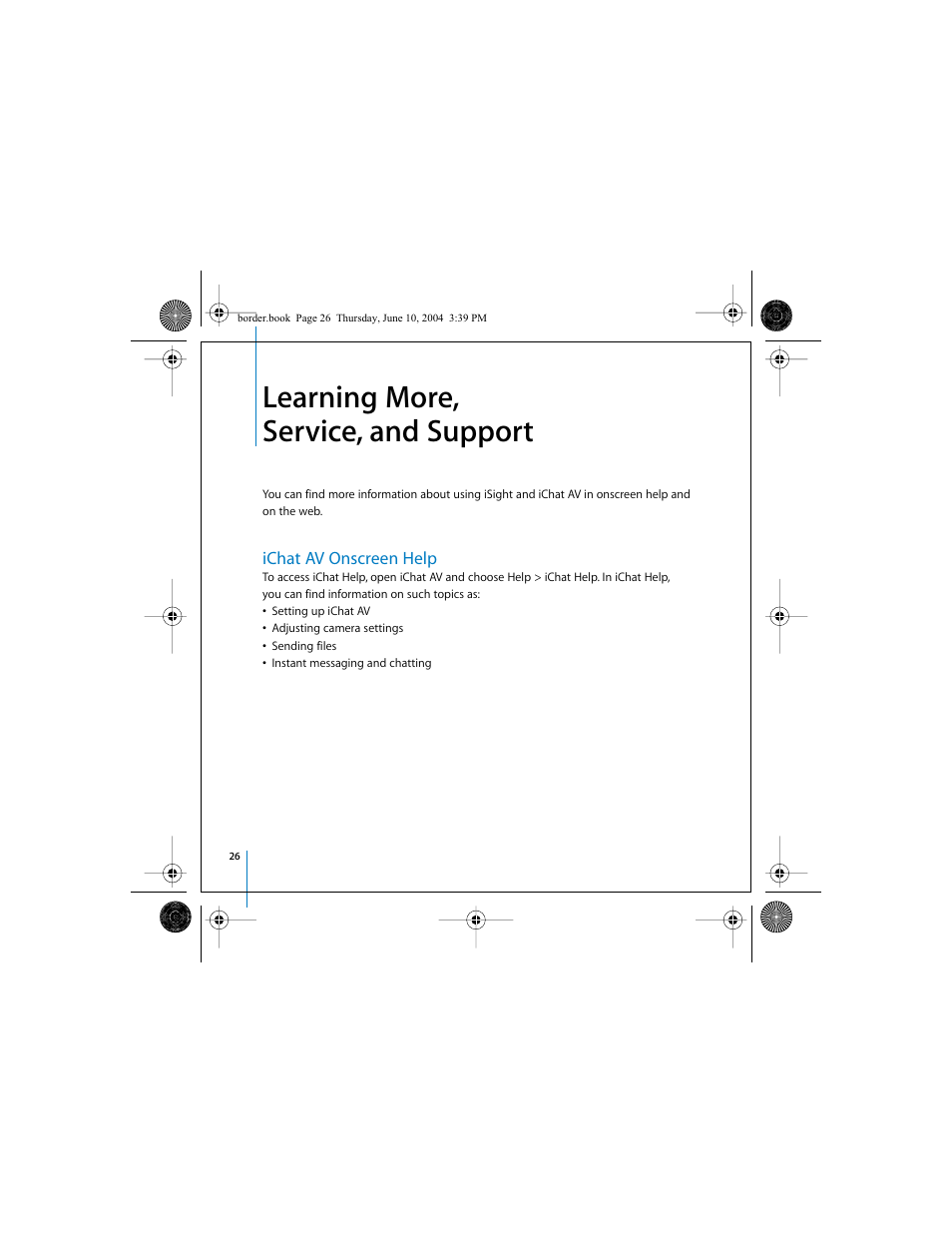 Learning more, service, and support, Ichat av onscreen help | Apple iSight User Manual | Page 26 / 32