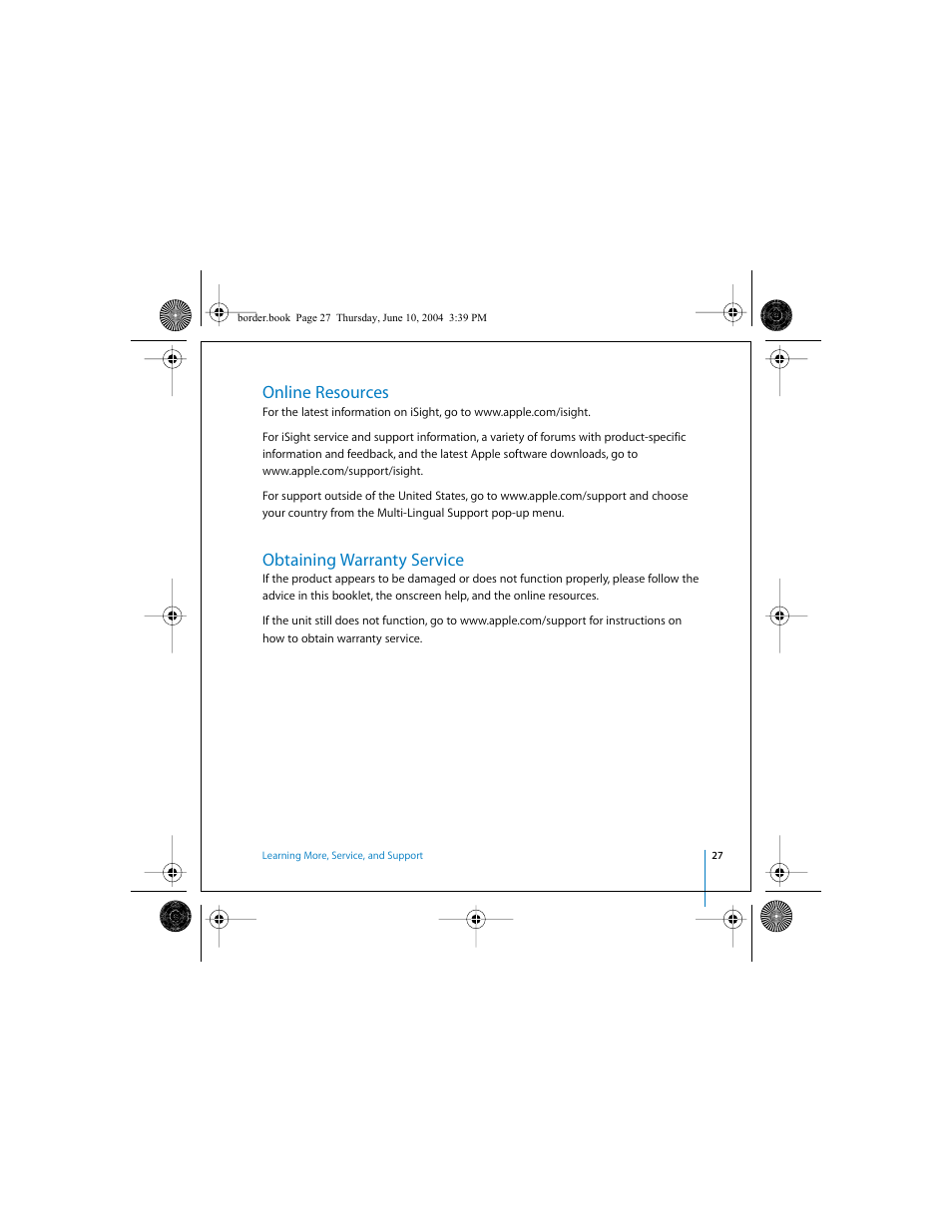 Online resources, Obtaining warranty service | Apple iSight User Manual | Page 27 / 32