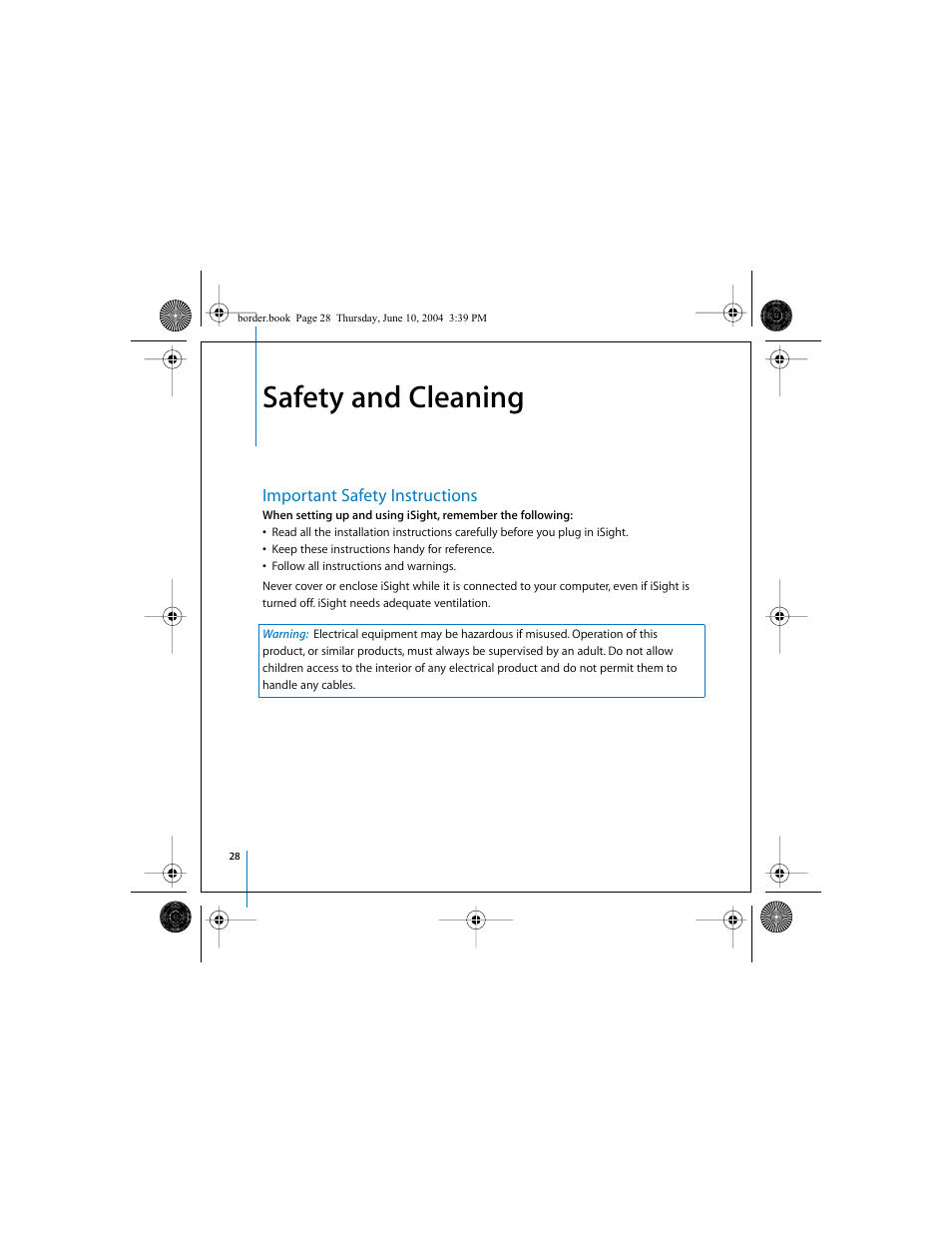 Safety and cleaning, Important safety instructions | Apple iSight User Manual | Page 28 / 32