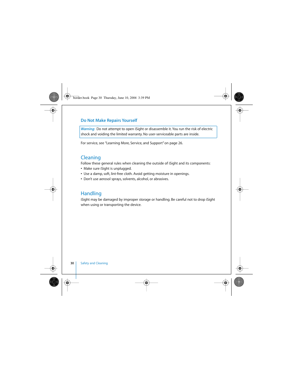 Cleaning, Handling | Apple iSight User Manual | Page 30 / 32